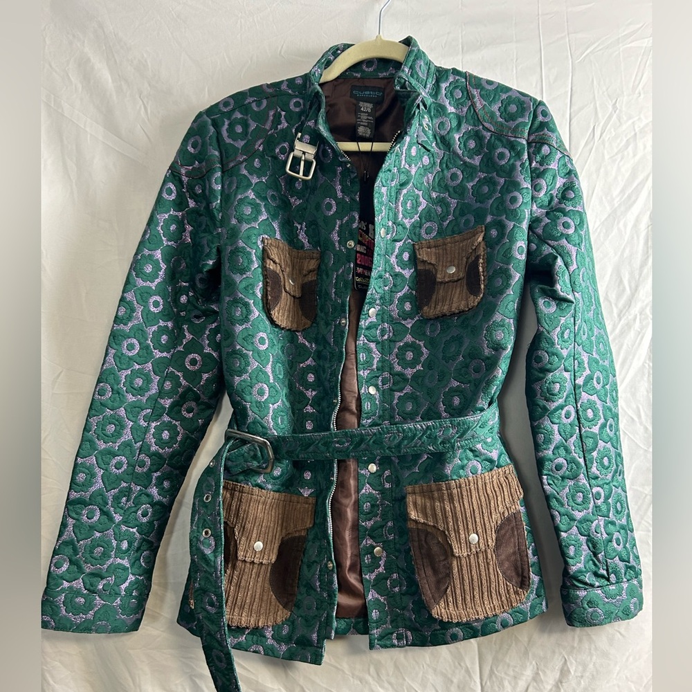 NWT 2006 Custo Barcelona metallic floral and brown corduroy belted jacket